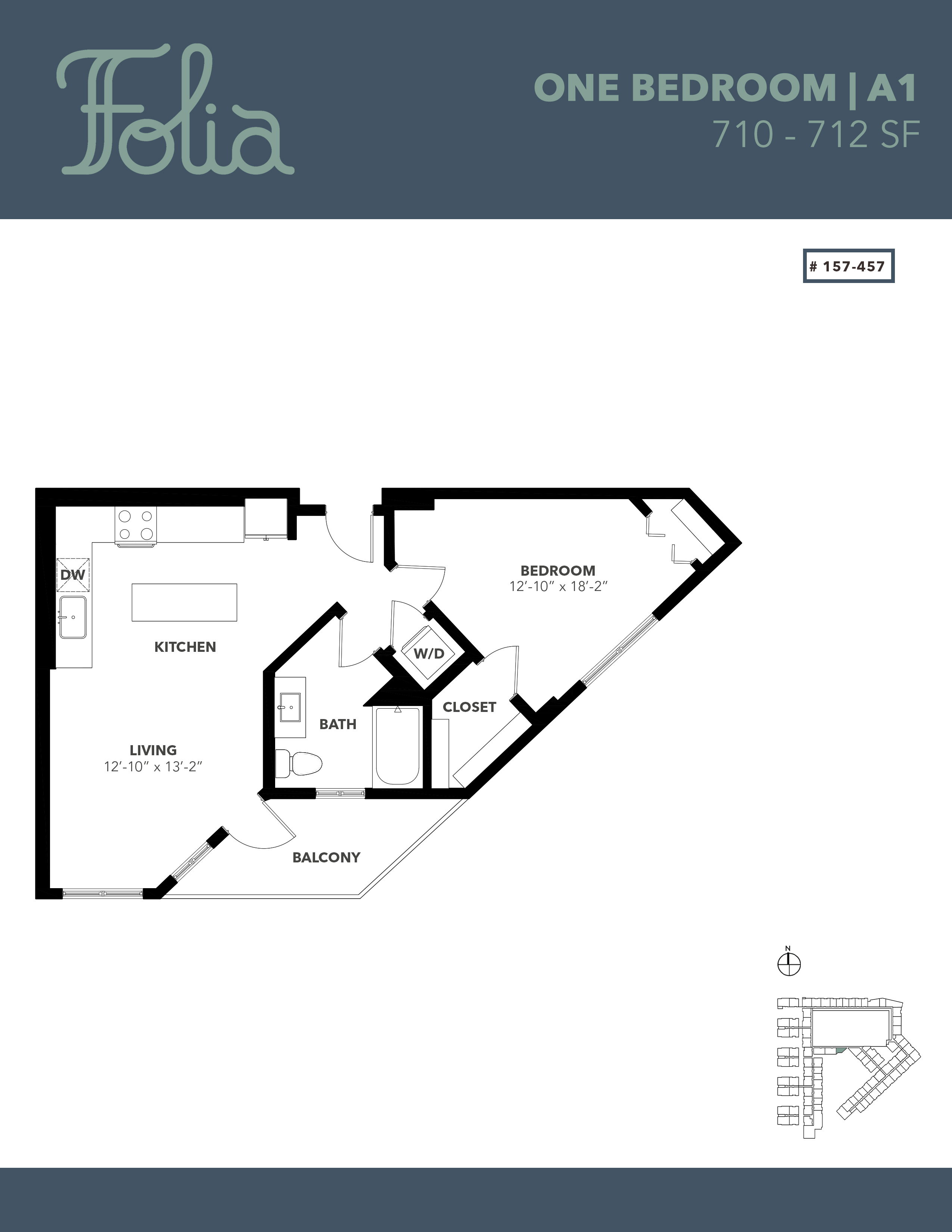 Floor plan for 1 bed, 1 bath, 710 sqft